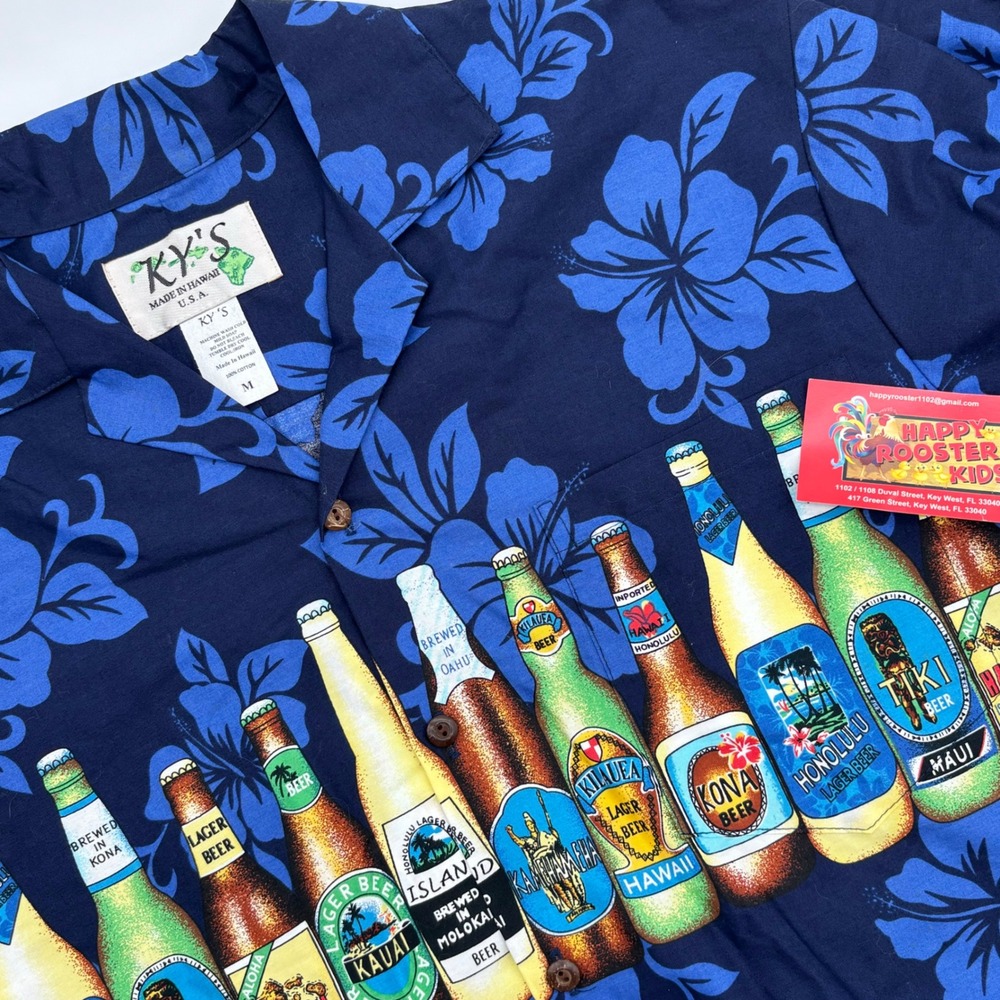 Mens KY'S Made in Hawaii Beer Bottle Hawaiian Shirt Blue Floral -‎ Size M